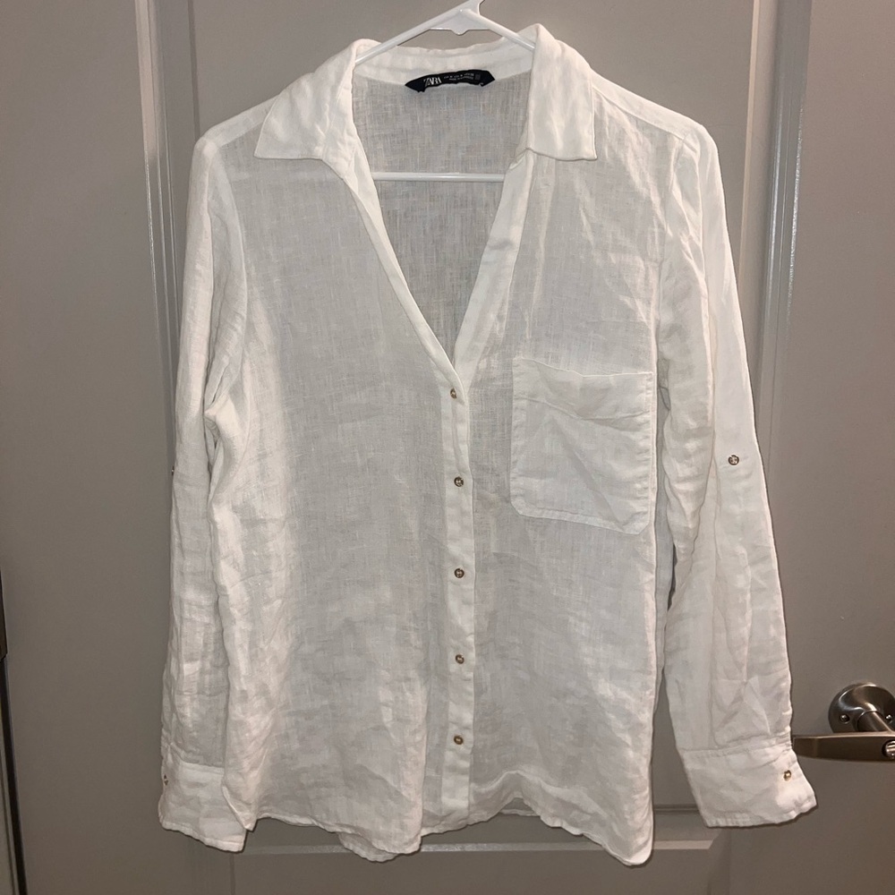 Zara. White linen button up. Size medium